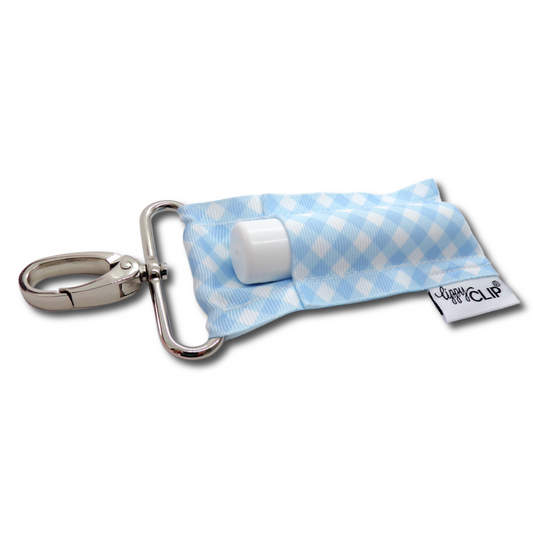 Light Blue and White Gingham LippyClip KISS for larger lip balms, essential oil rollers, etc.