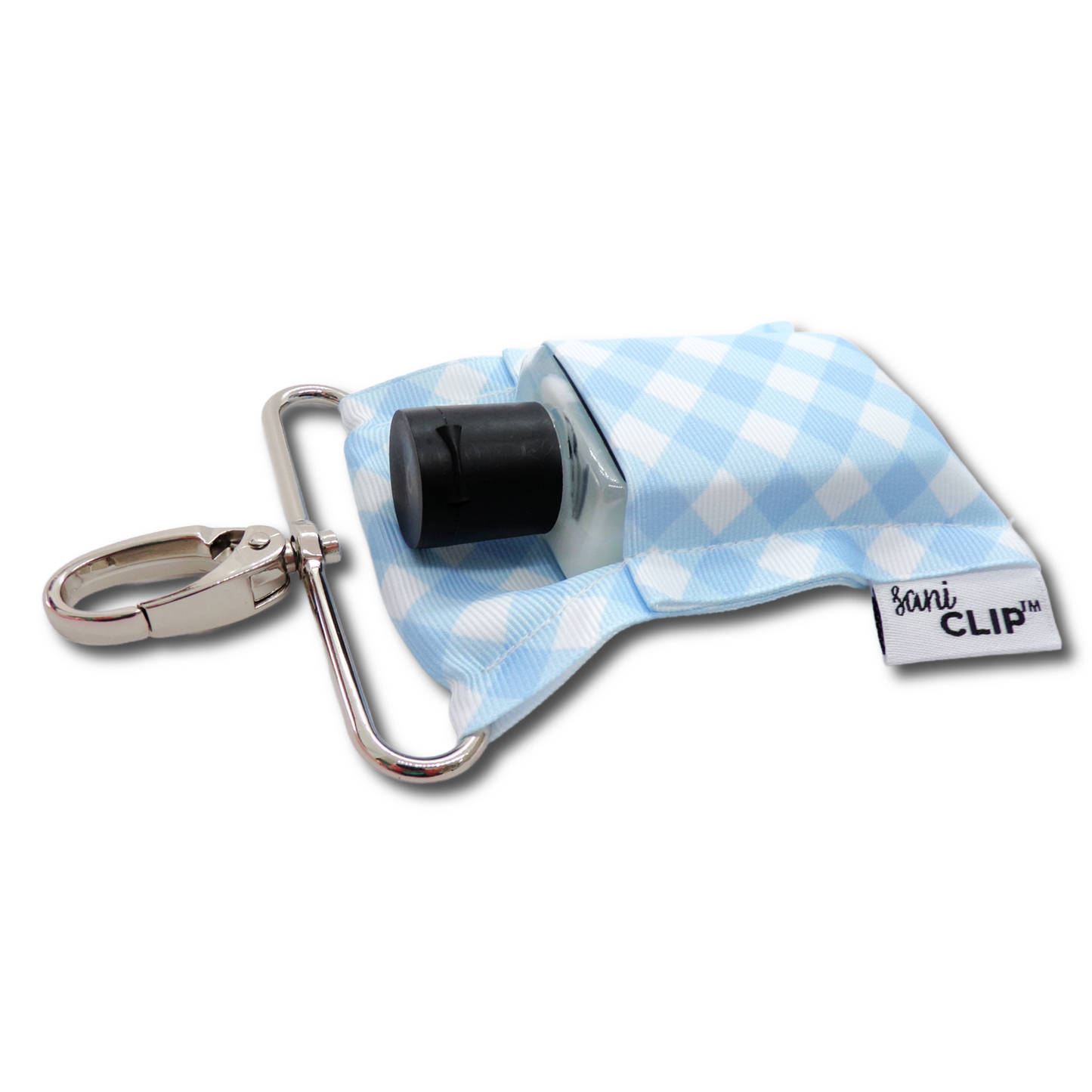 Light Blue and White Gingham SaniClip Hand Sanitizer Holder