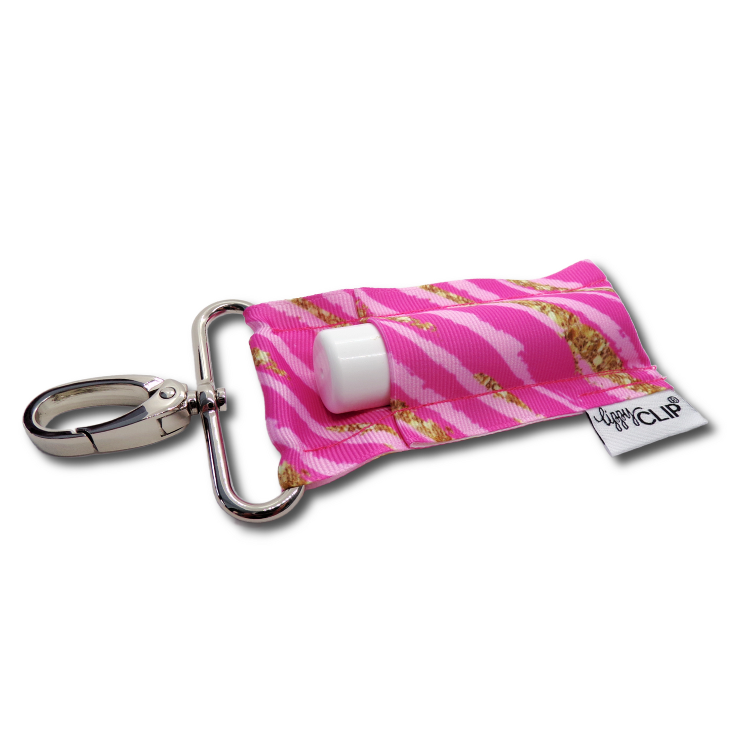 Pink and Gold Stripe LippyClip KISS for larger lip balms, essential oil rollers, etc.