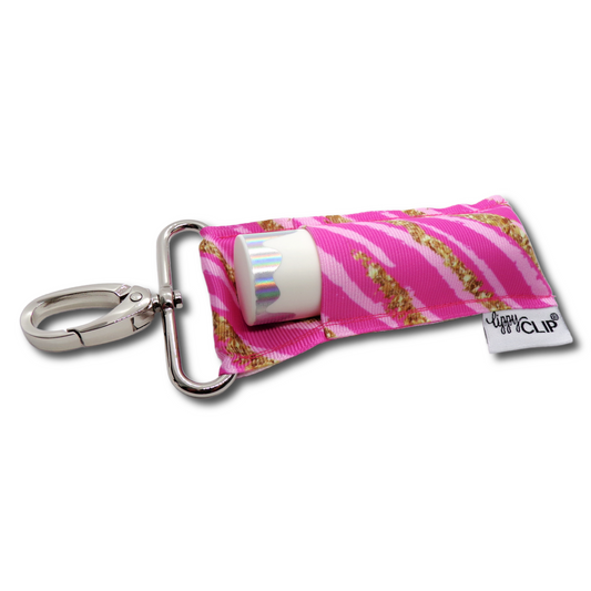 Pink and Gold Stripe LippyClip KISS for larger lip balms, essential oil rollers, etc.