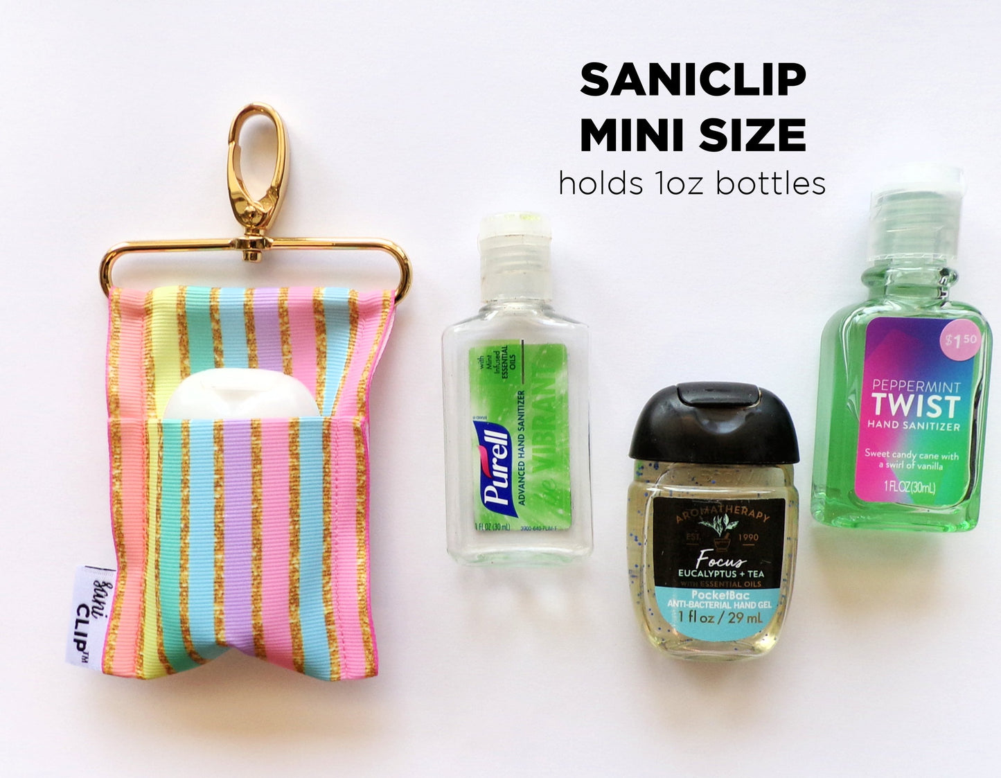 The Mini SaniClip which holds 1 oz hand sanitizer bottles including BBW’s PocketBac.  It measures 3” x 5.5”.