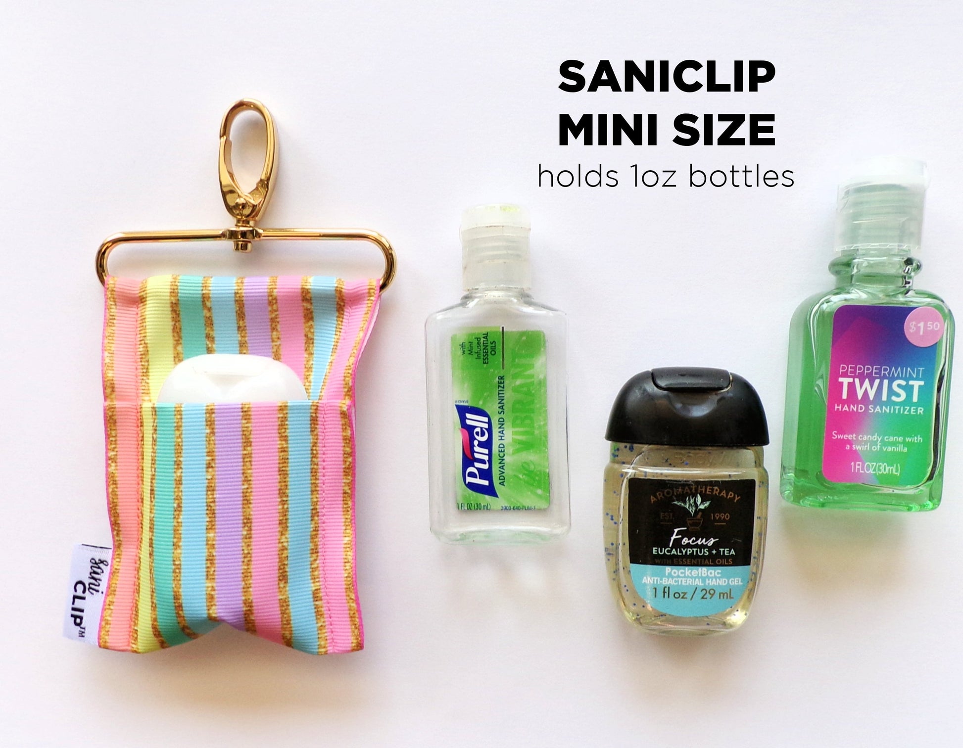 The Mini SaniClip which holds 1 oz hand sanitizer bottles including BBW’s PocketBac.  It measures 3” x 5.5”.