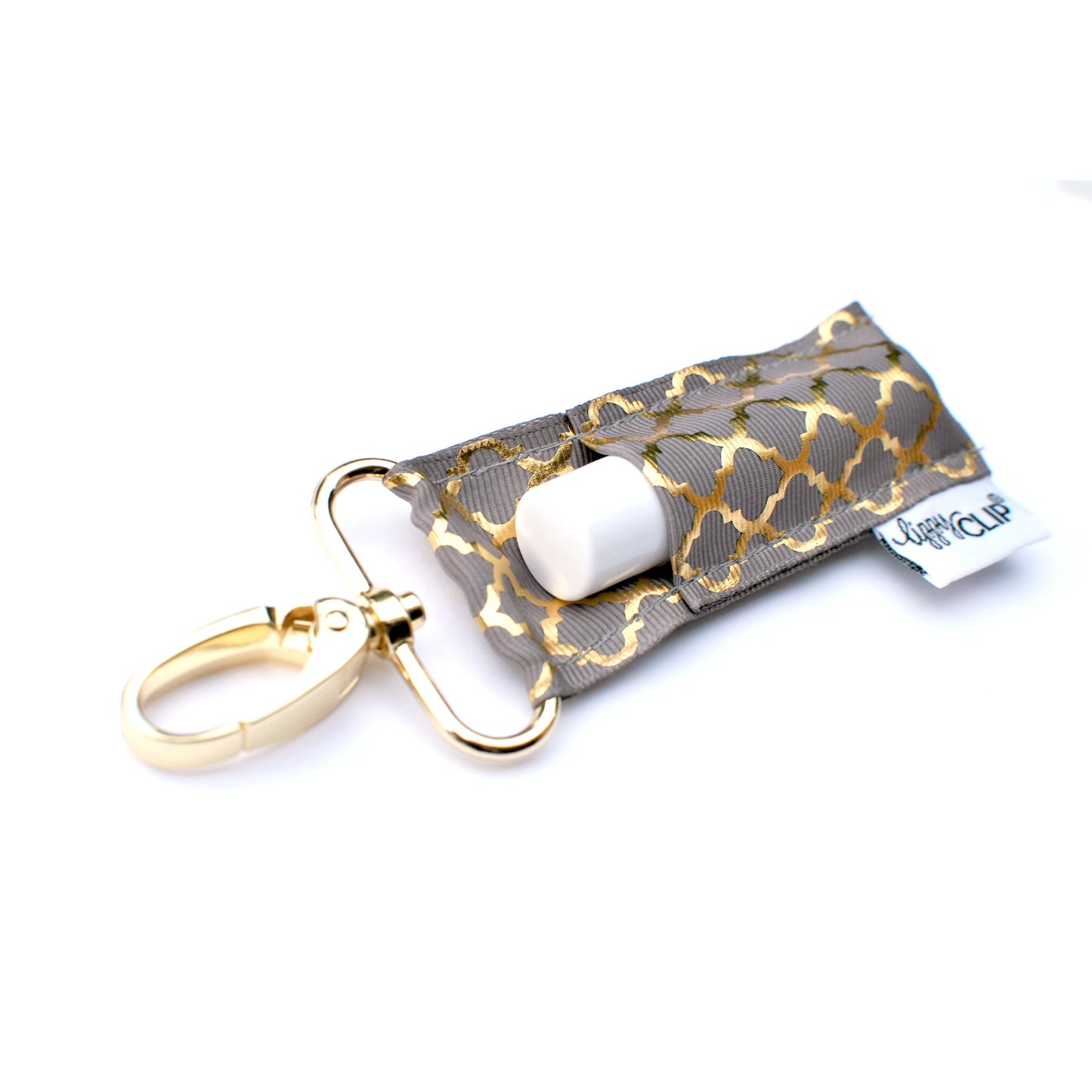Gold Quatrefoil on Charcoal LippyClip® Lip Balm Holder